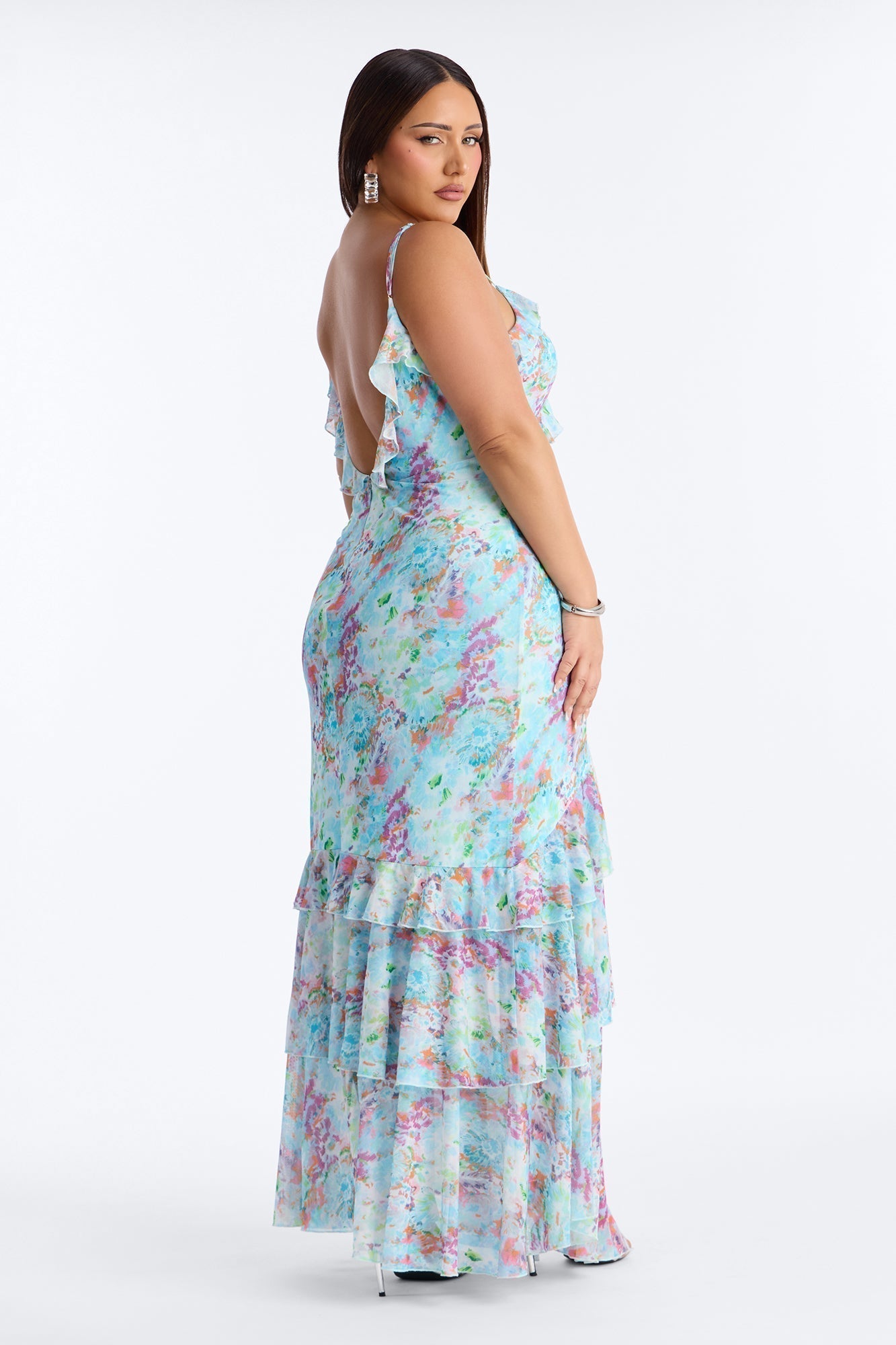 Dylan Ruffle Floral Mesh Maxi Dress - Blue/combo