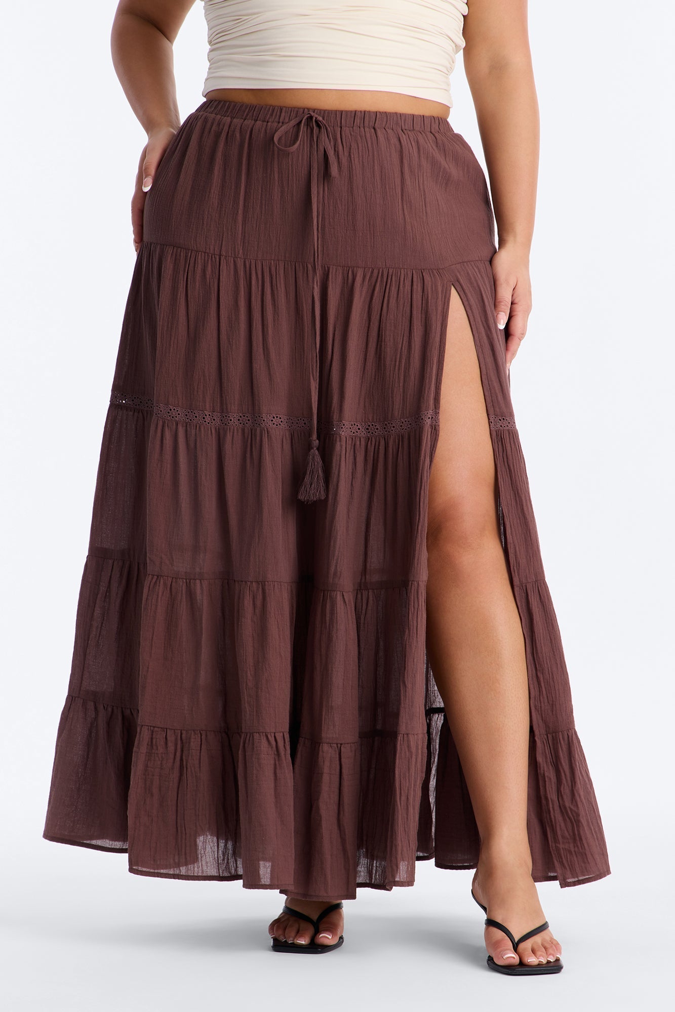 Bohemian High Slit Tiered Gauze Maxi Skirt - Brown