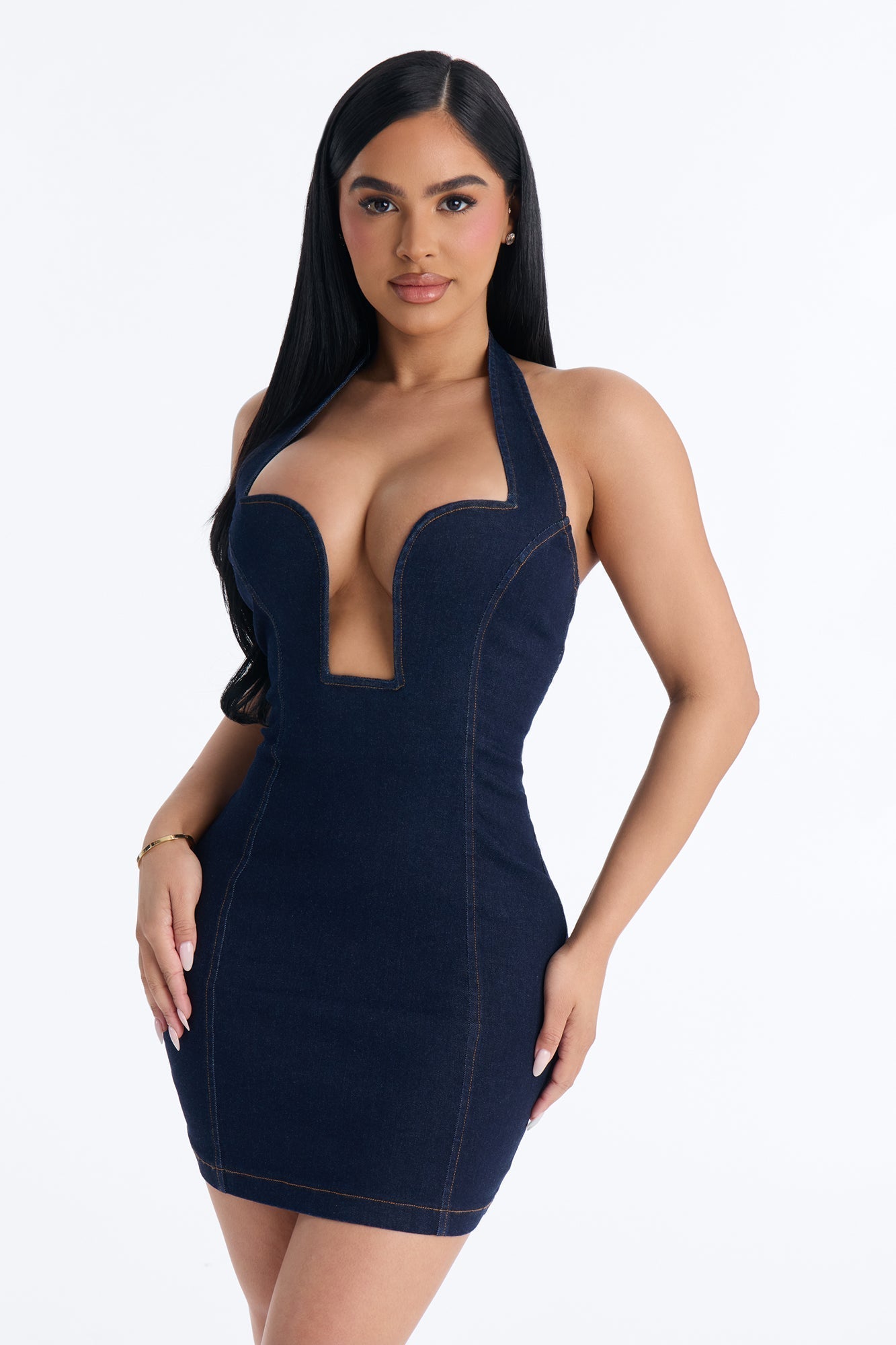 Jae Rae Halter Stretch Denim Micro Mini Dress - Dark Wash