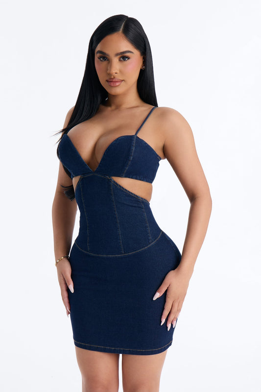 Sloane Cut Out Stretch Denim Mini Dress - Dark Wash