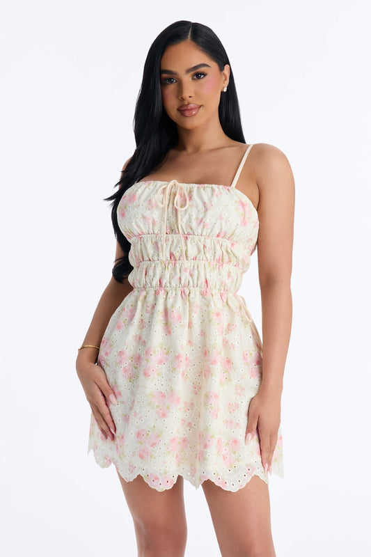 Skylar Floral Eyelet Mini Dress - Cream/combo