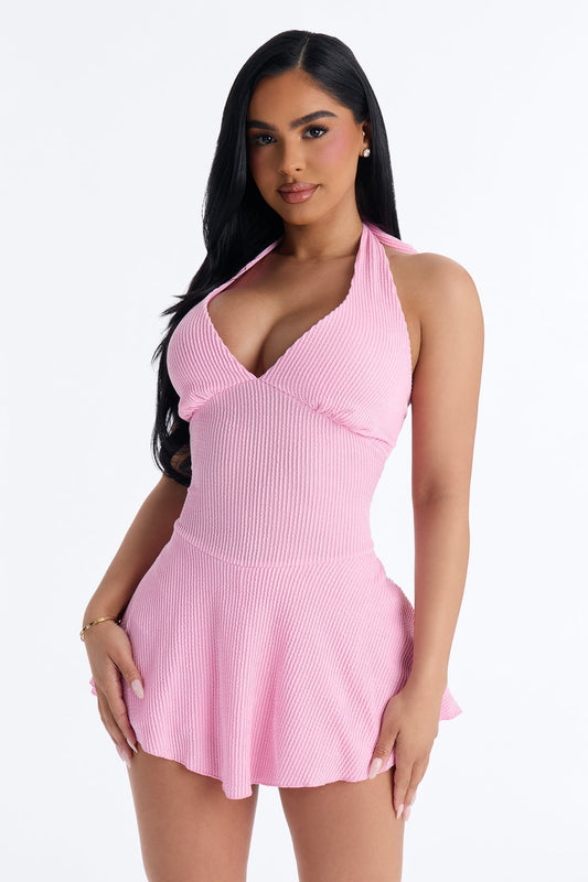 Kamryn Halter Ribbed Mini Dress - Pink
