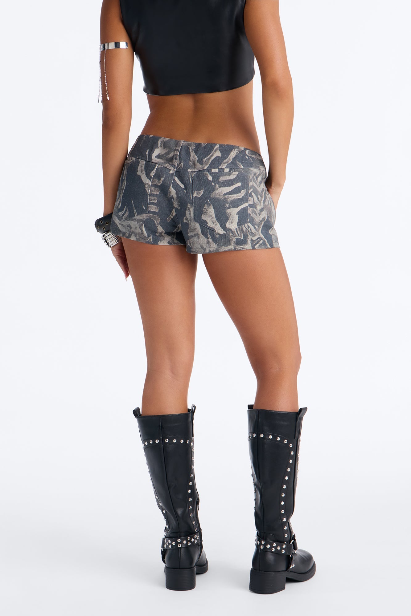Charlie Lace Up Abstract Low Rise Micro Short - Grey/combo