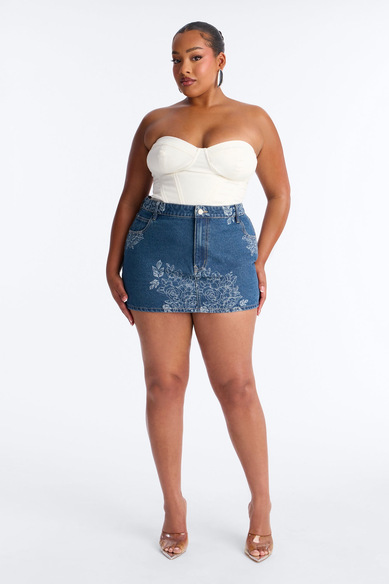 Rose Kiss Floral Print Denim Mini Skirt - Medium Wash