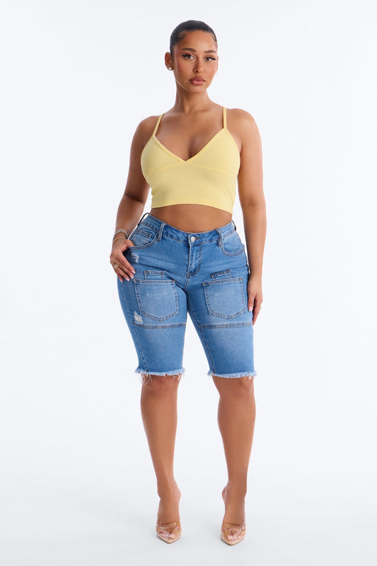 Like That Fray Hem Denim Bermuda Shorts - Medium Wash