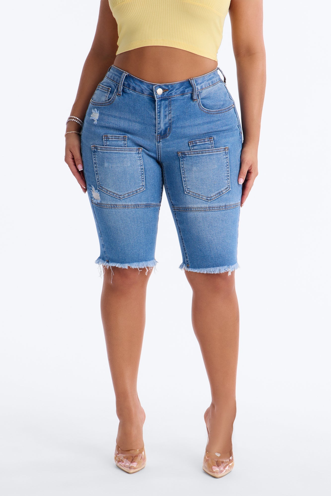 Like That Fray Hem Denim Bermuda Shorts - Medium Wash