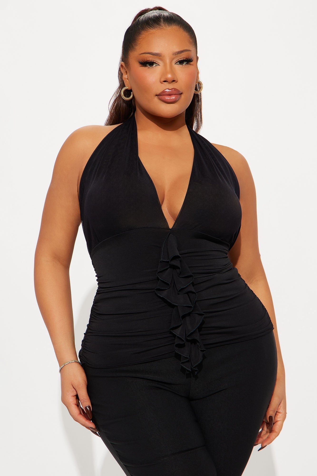 My Darling Ruched Ruffle Halter Top - Black