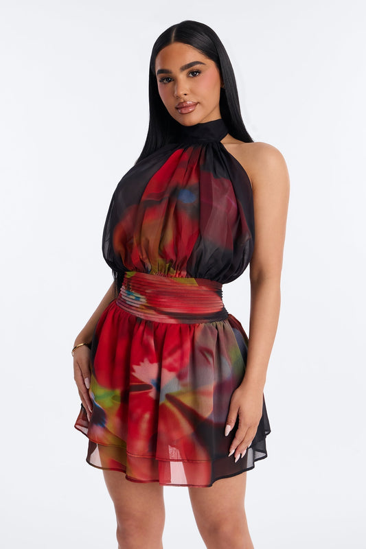 Sloan Backless Chiffon Mini Dress - Black/combo
