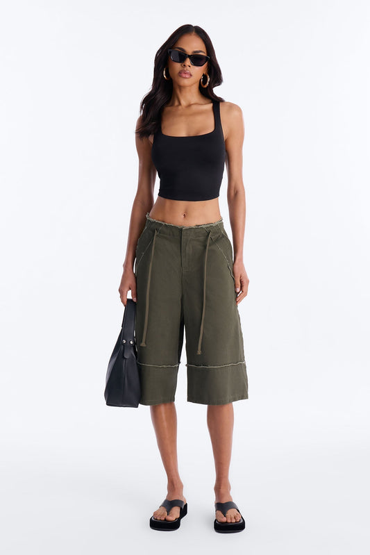 Frankie Distressed Low Rise Bermuda Short - Olive