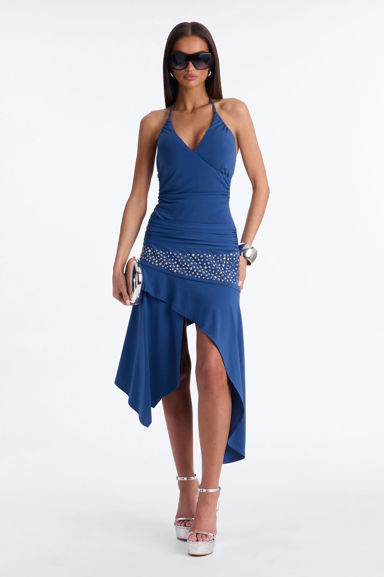 Hallie Studded Asymmetrical Midi Dress - Navy