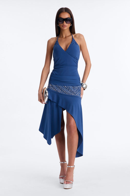 Hallie Studded Asymmetrical Midi Dress - Navy