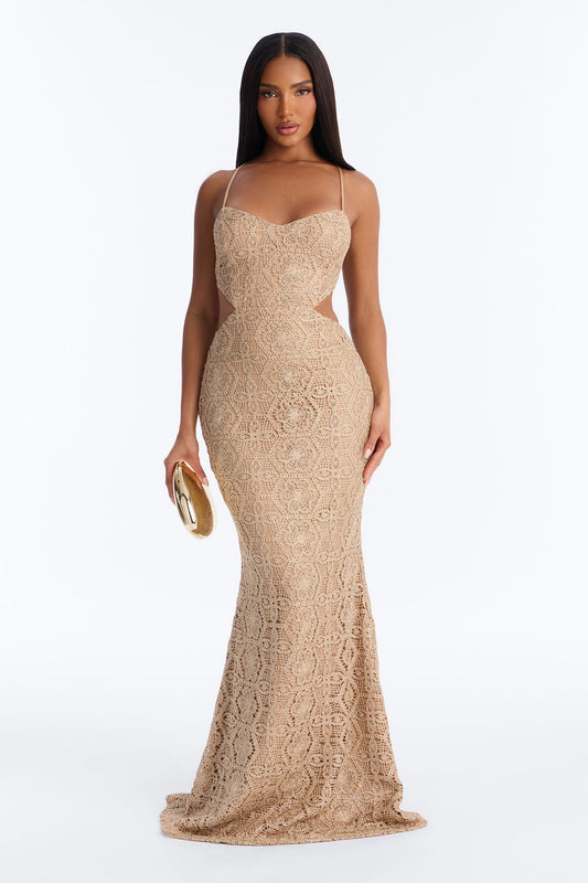 Heat Check Metallic Crochet Maxi Dress - Taupe