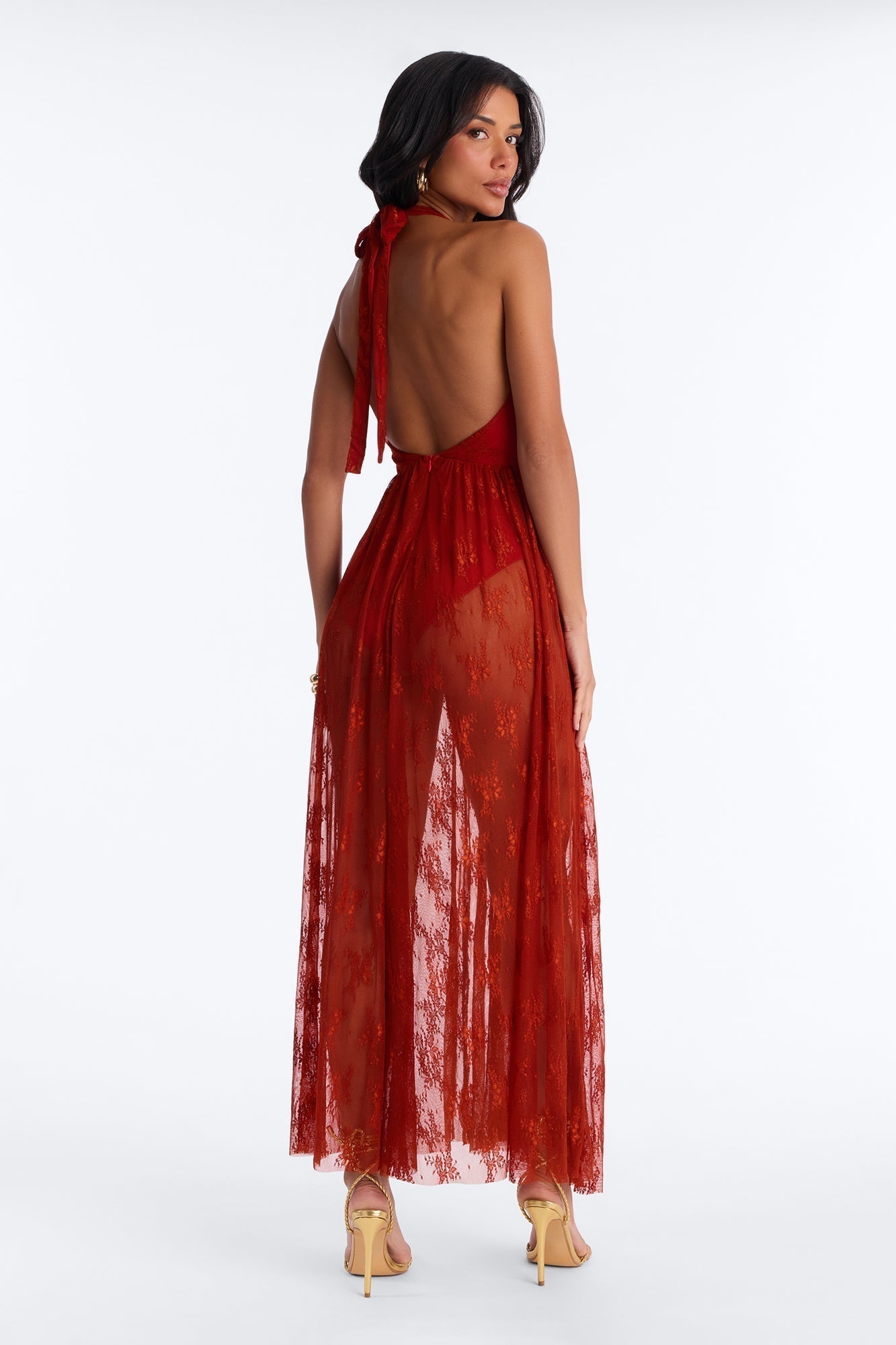 Top Tier Sheer Lace Maxi Dress - Rust