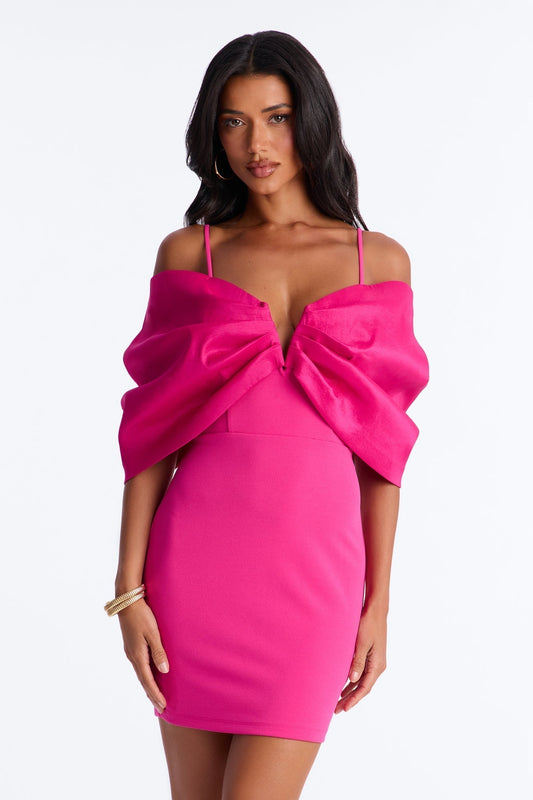 Audrina Pleated Bow Mini Dress - Fuchsia