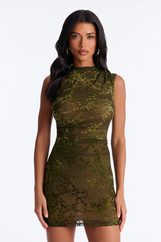 Magnolia Flocked Mesh Mini Dress - Olive