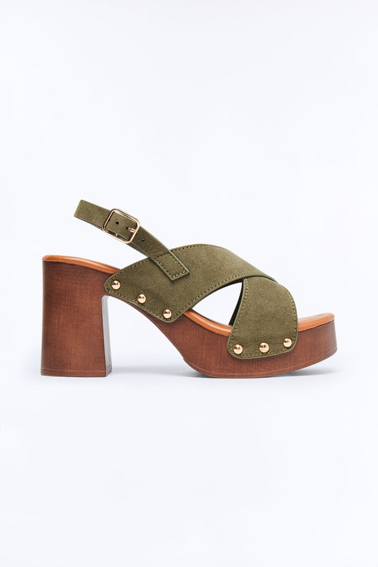 Adva Wood Platform Slingback Heels - Olive
