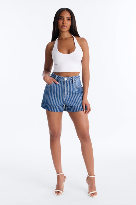 Grand Finish Striped Cuffed Denim Shorts - Medium Wash