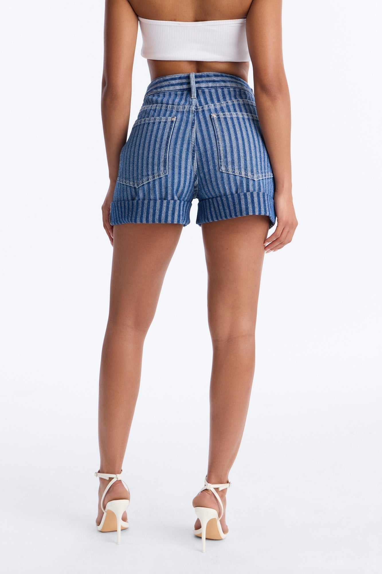Grand Finish Striped Cuffed Denim Shorts - Medium Wash