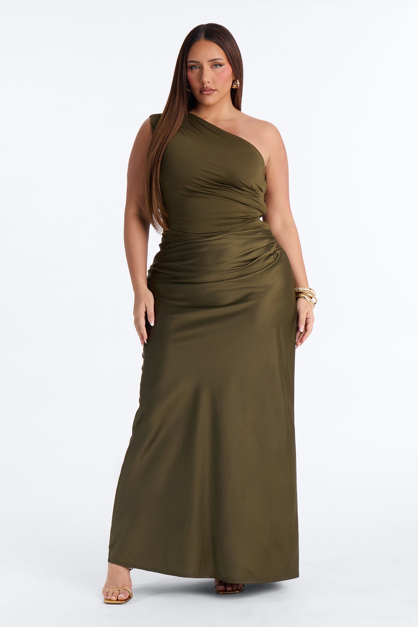 City Nights One Shoulder Satin Maxi Dress - Olive