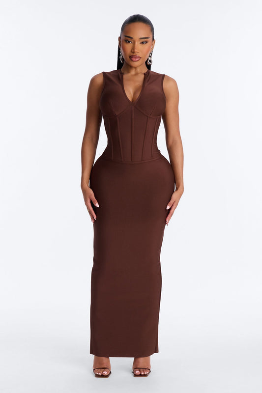 Courtney Corset Waist Bandage Maxi Dress - Chocolate