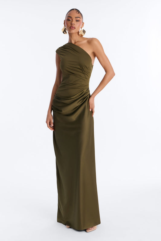 City Nights One Shoulder Satin Maxi Dress - Olive
