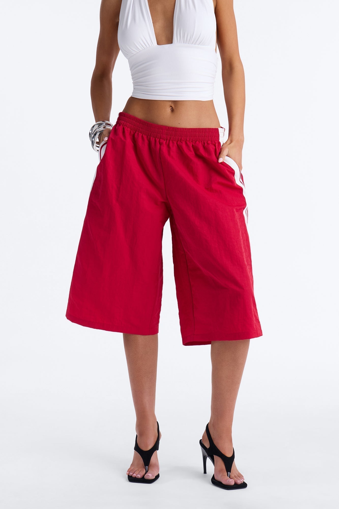 Can't Keep Up Striped Bermuda Track Short - Red/White