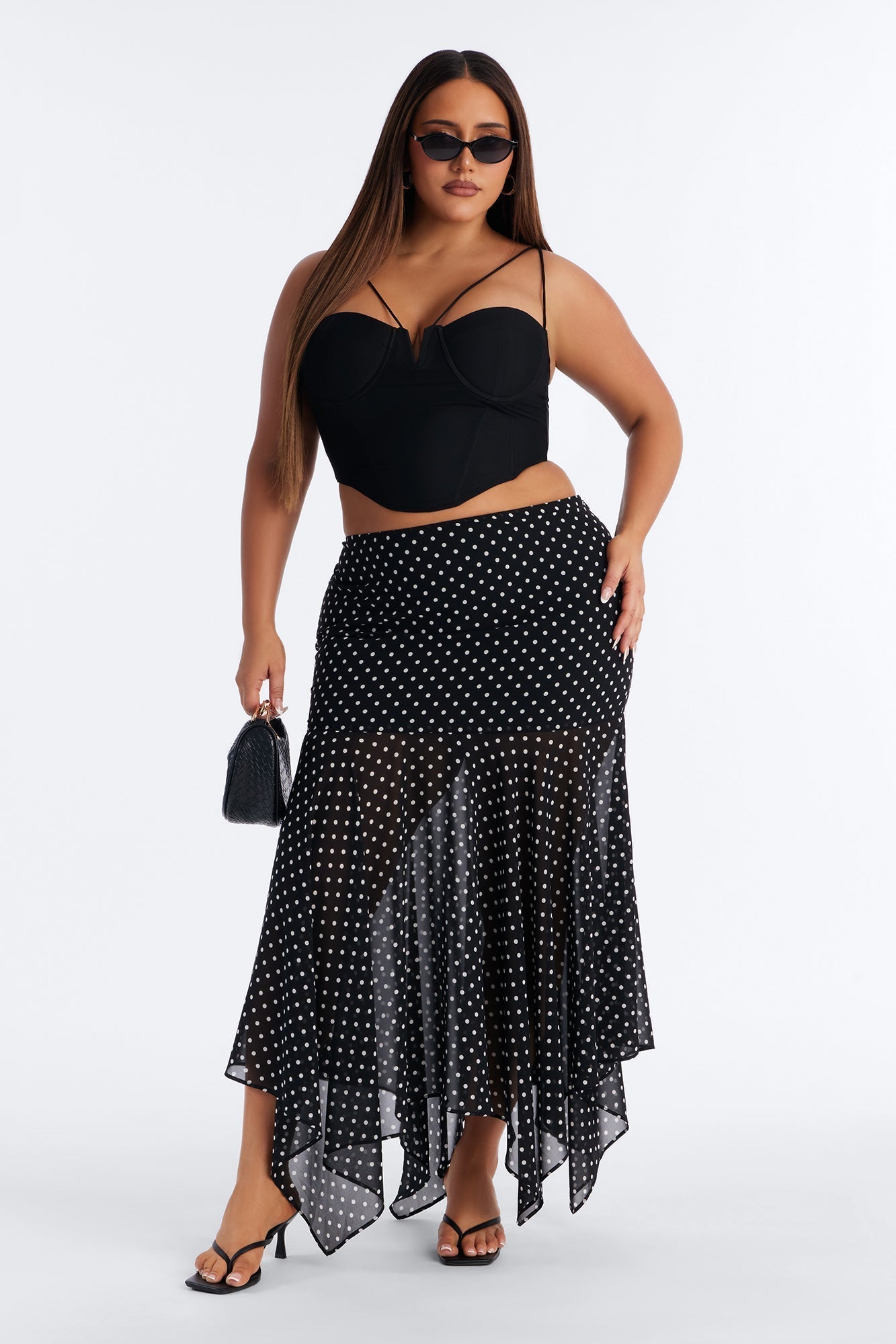 On The Dot Asymmetrical Chiffon Polka Dot Maxi Skirt - Black/White