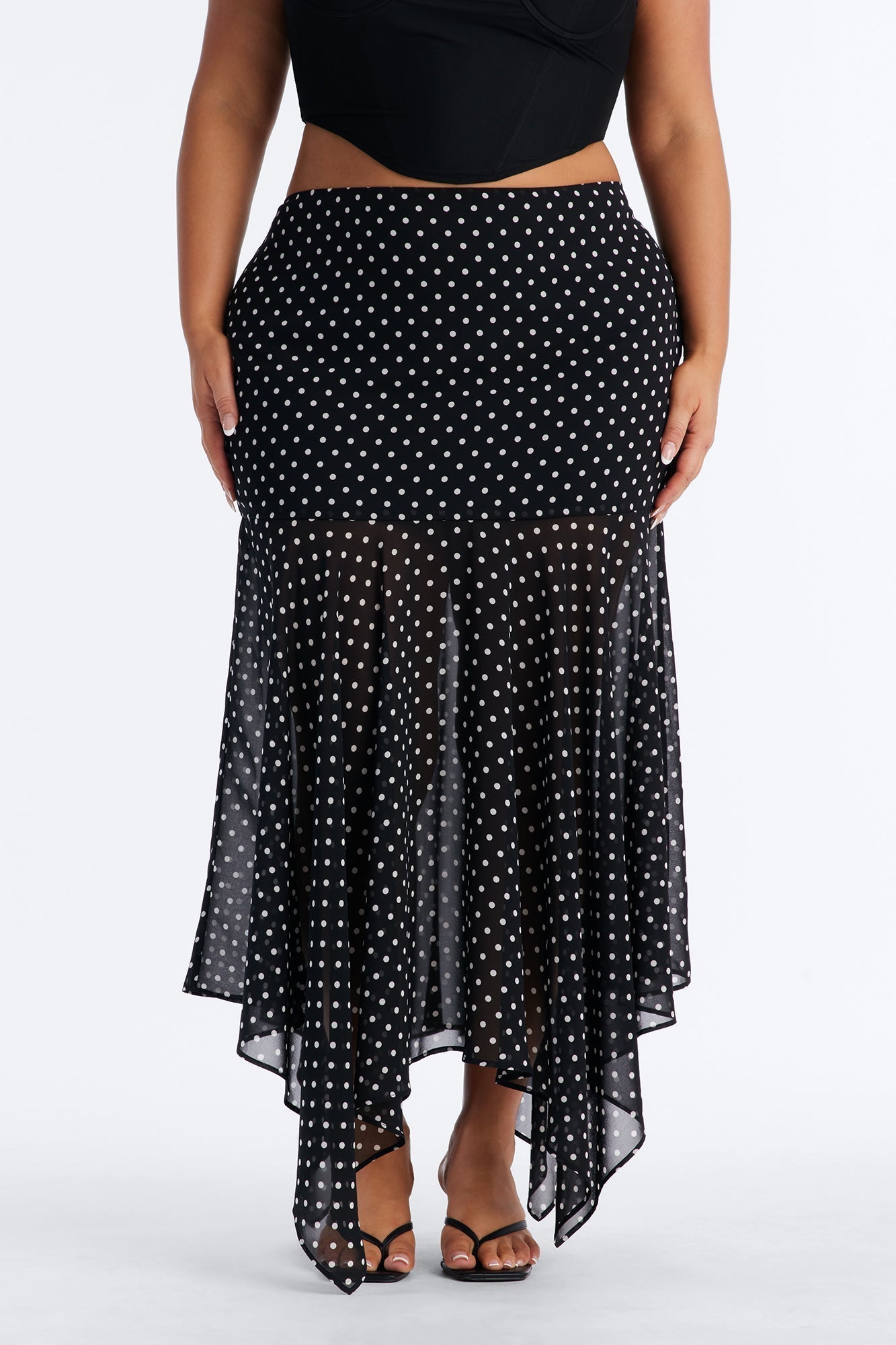 On The Dot Asymmetrical Chiffon Polka Dot Maxi Skirt - Black/White