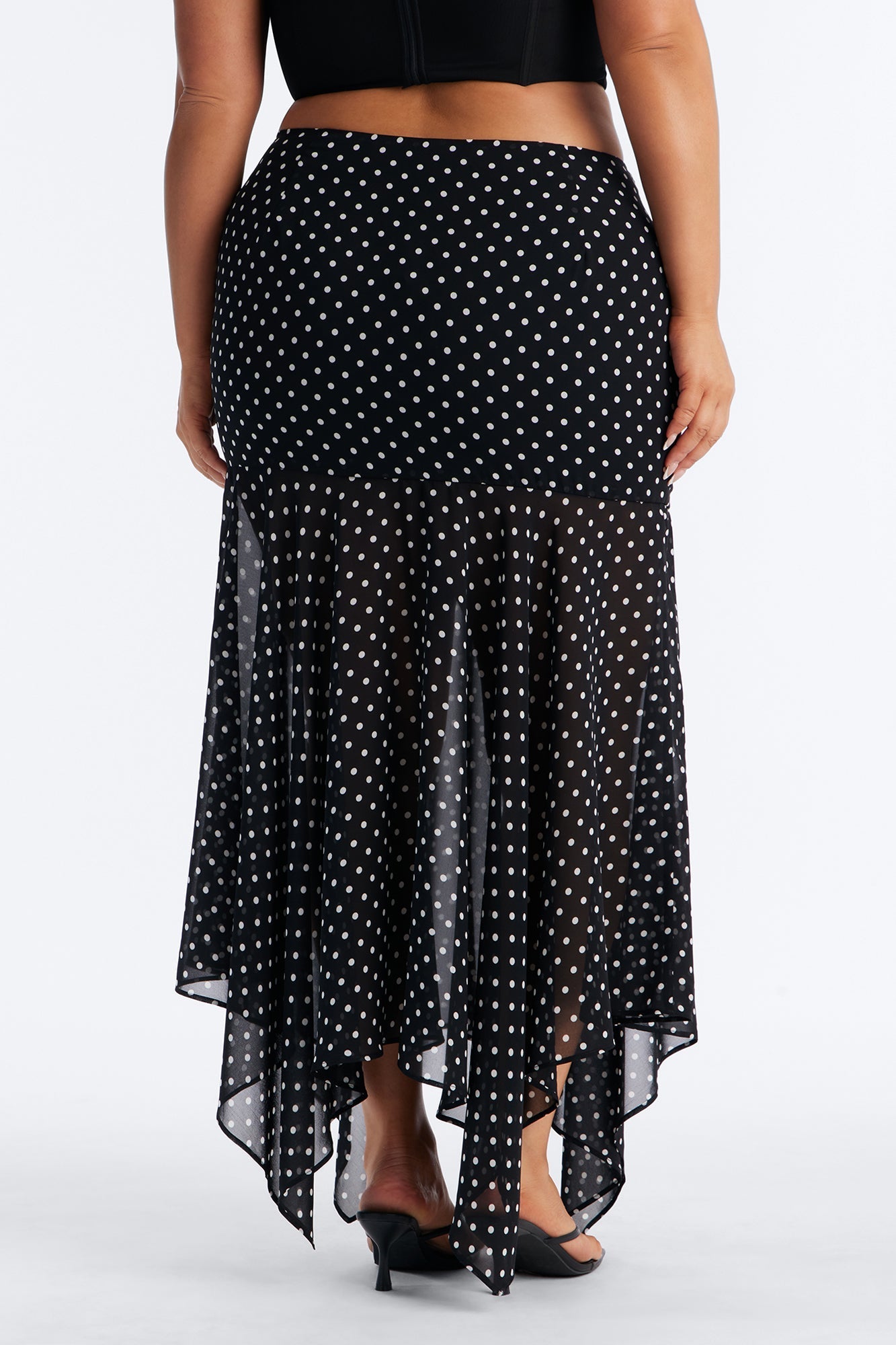 On The Dot Asymmetrical Chiffon Polka Dot Maxi Skirt - Black/White