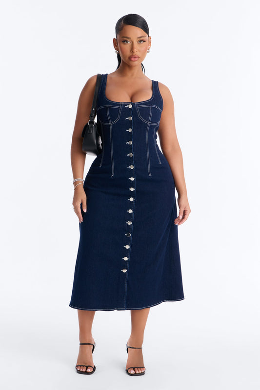Maelyn Denim Midi Dress - Dark Wash