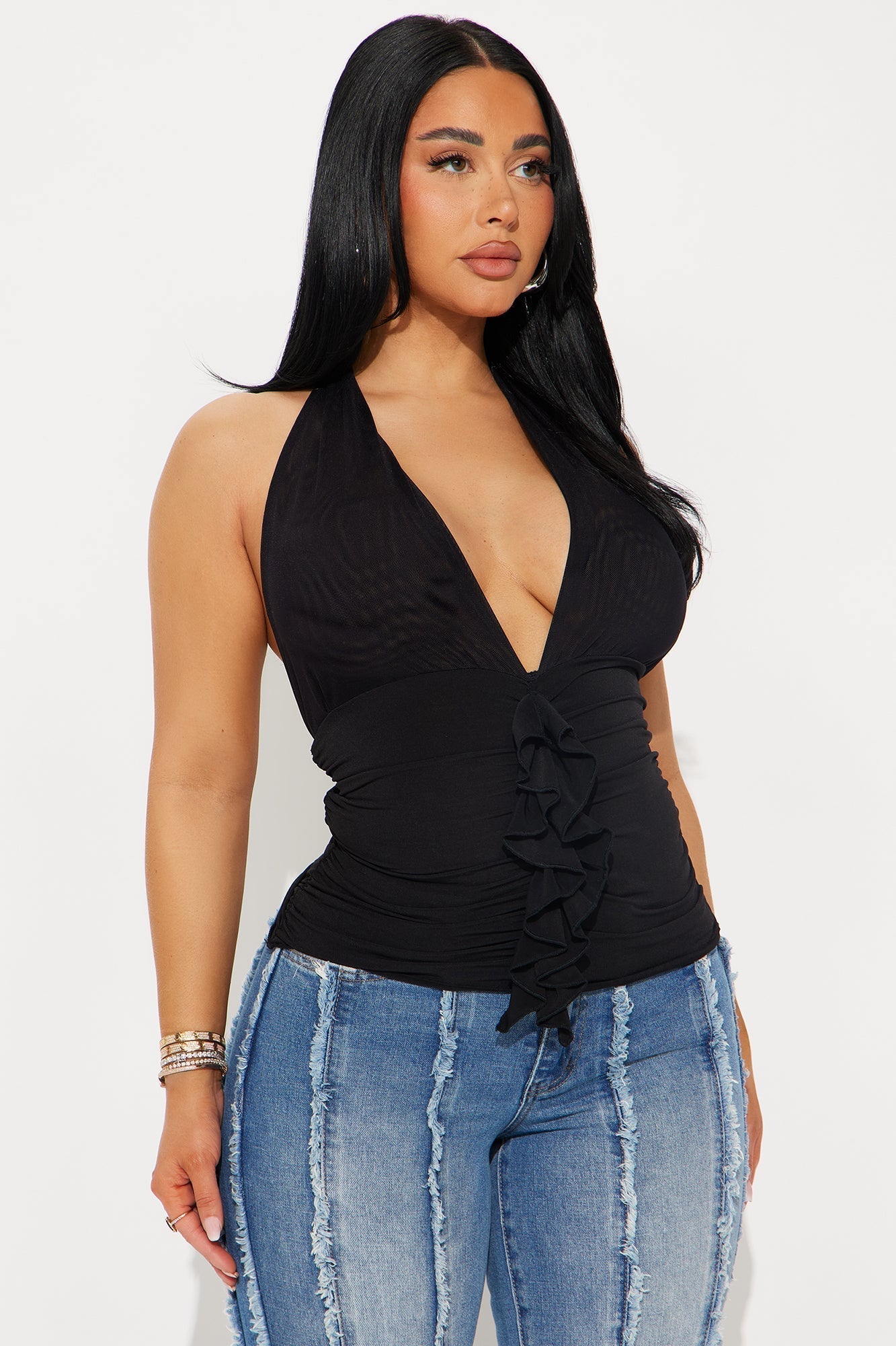 My Darling Ruched Ruffle Halter Top - Black