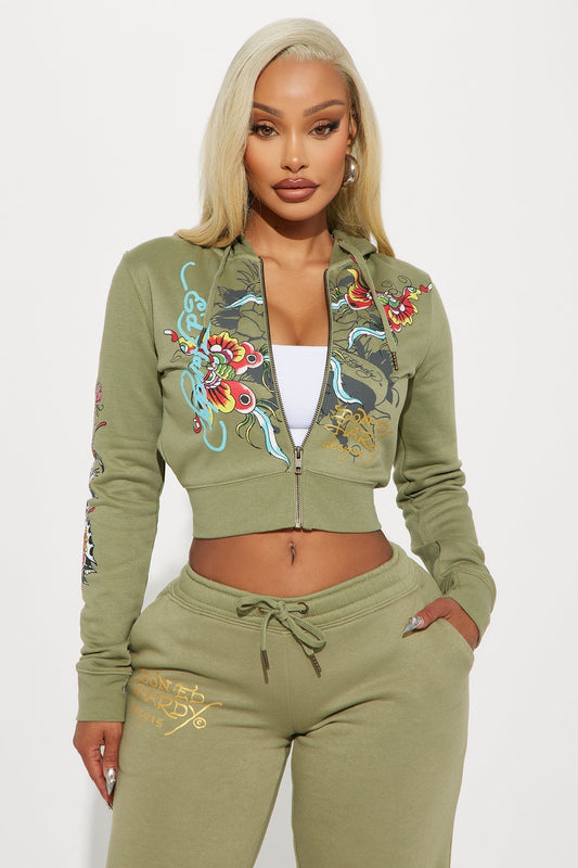 Ed Hardy Butterfly Zip Front Hoodie - Sage