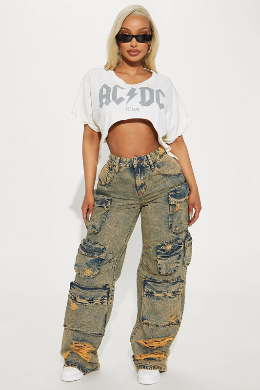 Nikki Non Stretch Acid Wash Cargo Jeans - Vintage Wash