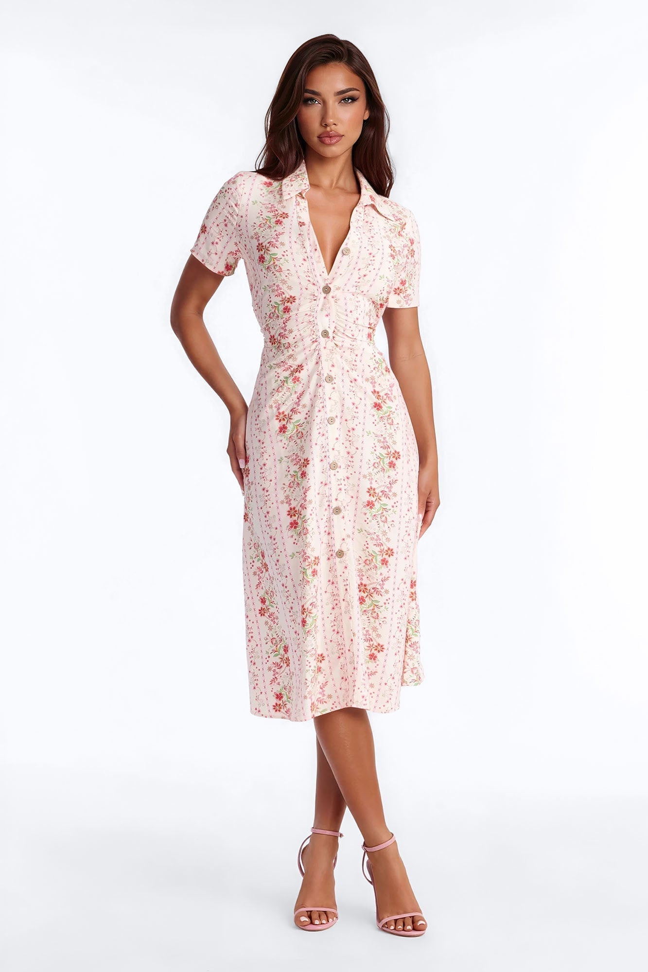 Selene Ruched Floral Midi Shirt Dress - Pink/combo