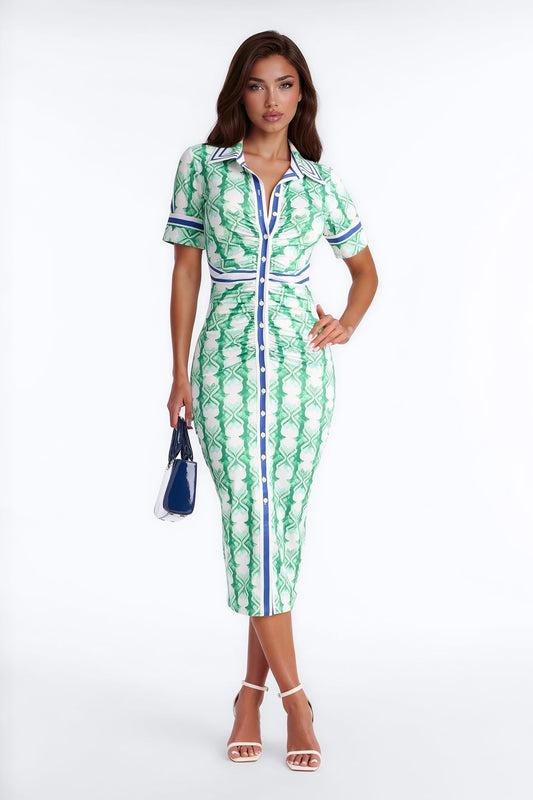 Camila Ruched Printed Midi Dress - Green/combo