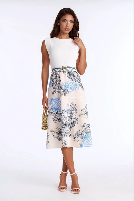 Eleanor Belted Printed Midi Dress - White/combo