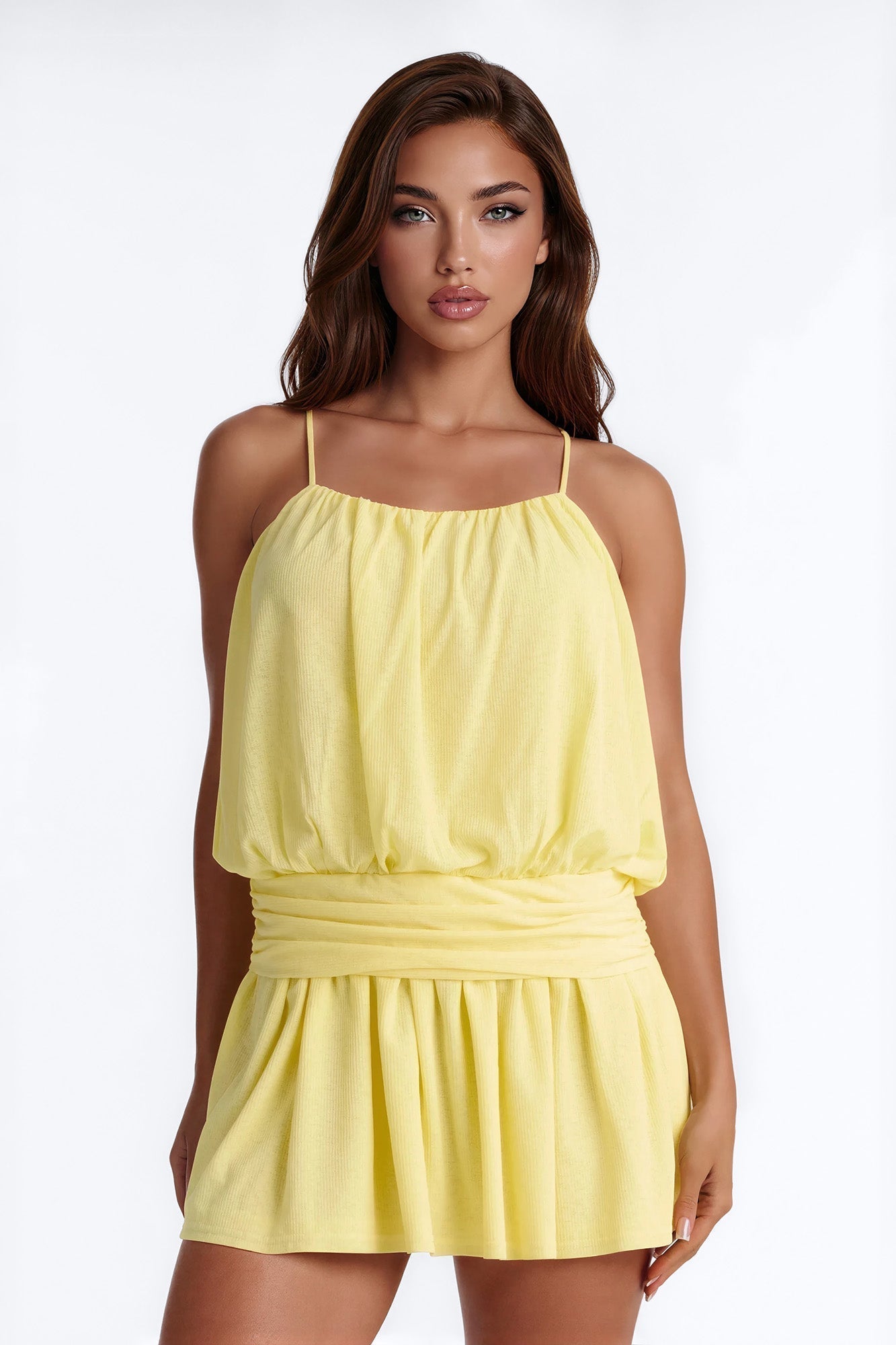 Luna Spaghetti Strap Textured Mini Dress - Yellow
