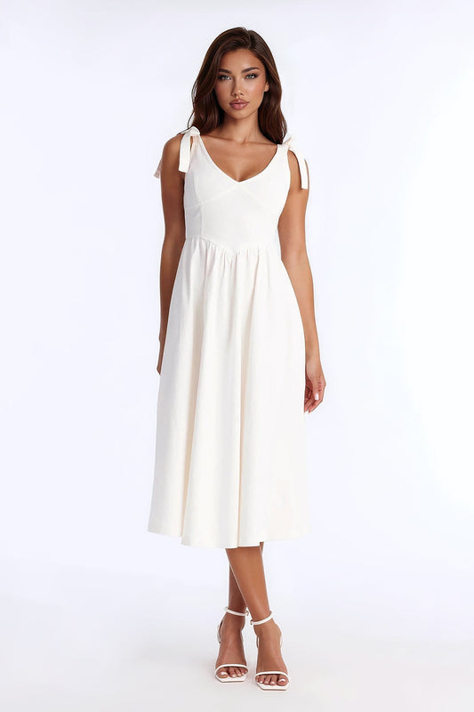 Candace Pleated Denim Midi Dress - White