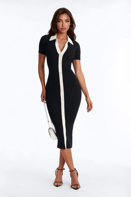 Ciao Bella Short Sleeve Sweater Midi Dress - Black/combo