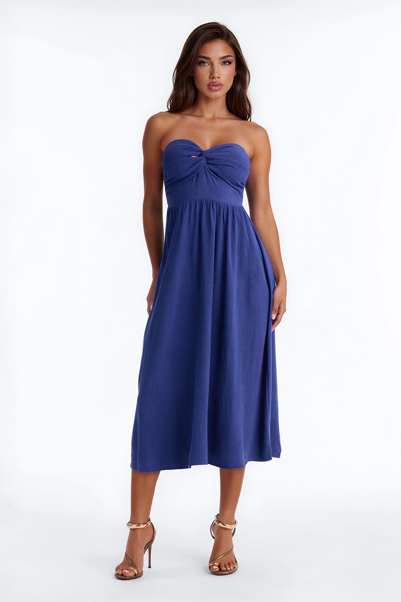 Marilyn Strapless Twist Midi Dress - Navy