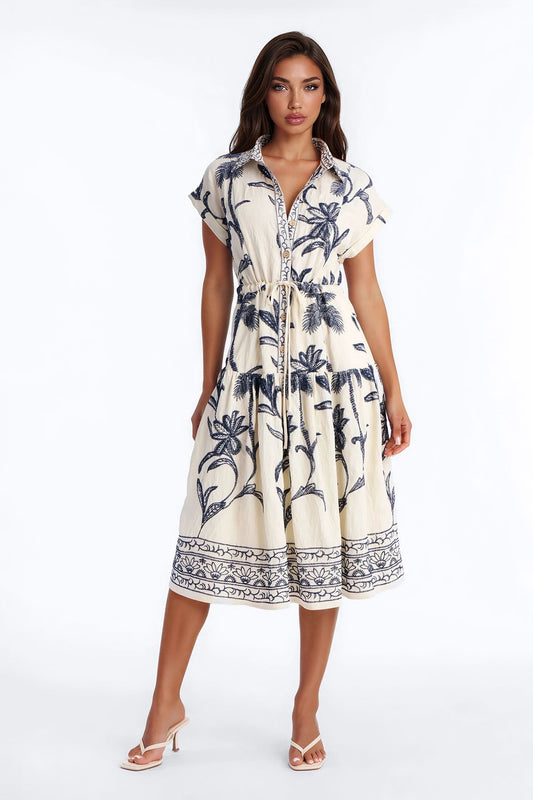 Maria Embroidered Midi Dress - White/Blue