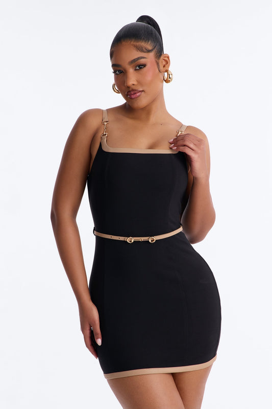 Iris Contrast Belted Mini Dress - Black/combo