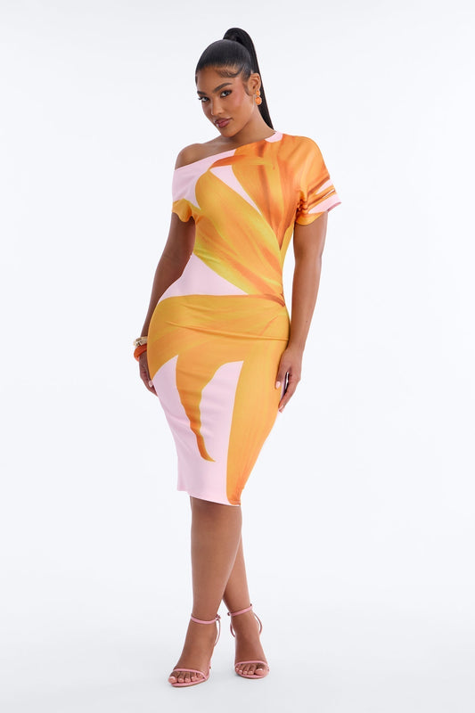 Gardenia One Shoulder Floral Midi Dress - Orange/combo