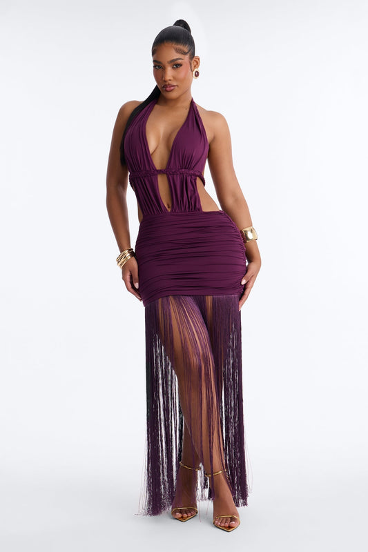 Yvette Backless Fringe Maxi Dress - Plum