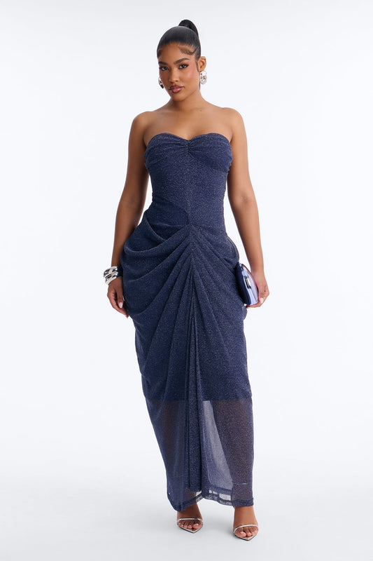 Be My Guest Draped Metallic Gown - Navy