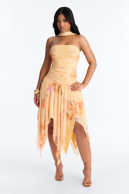 Delaney Floral Mesh Midi Dress - Orange