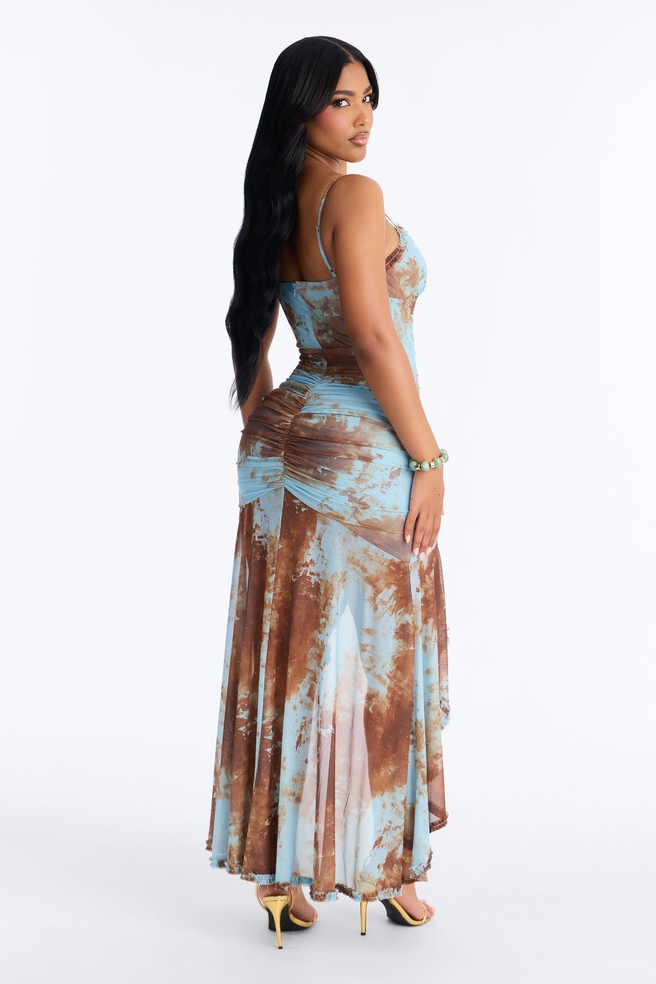 So Stunning Ruched Mesh Maxi Dress - Blue/combo