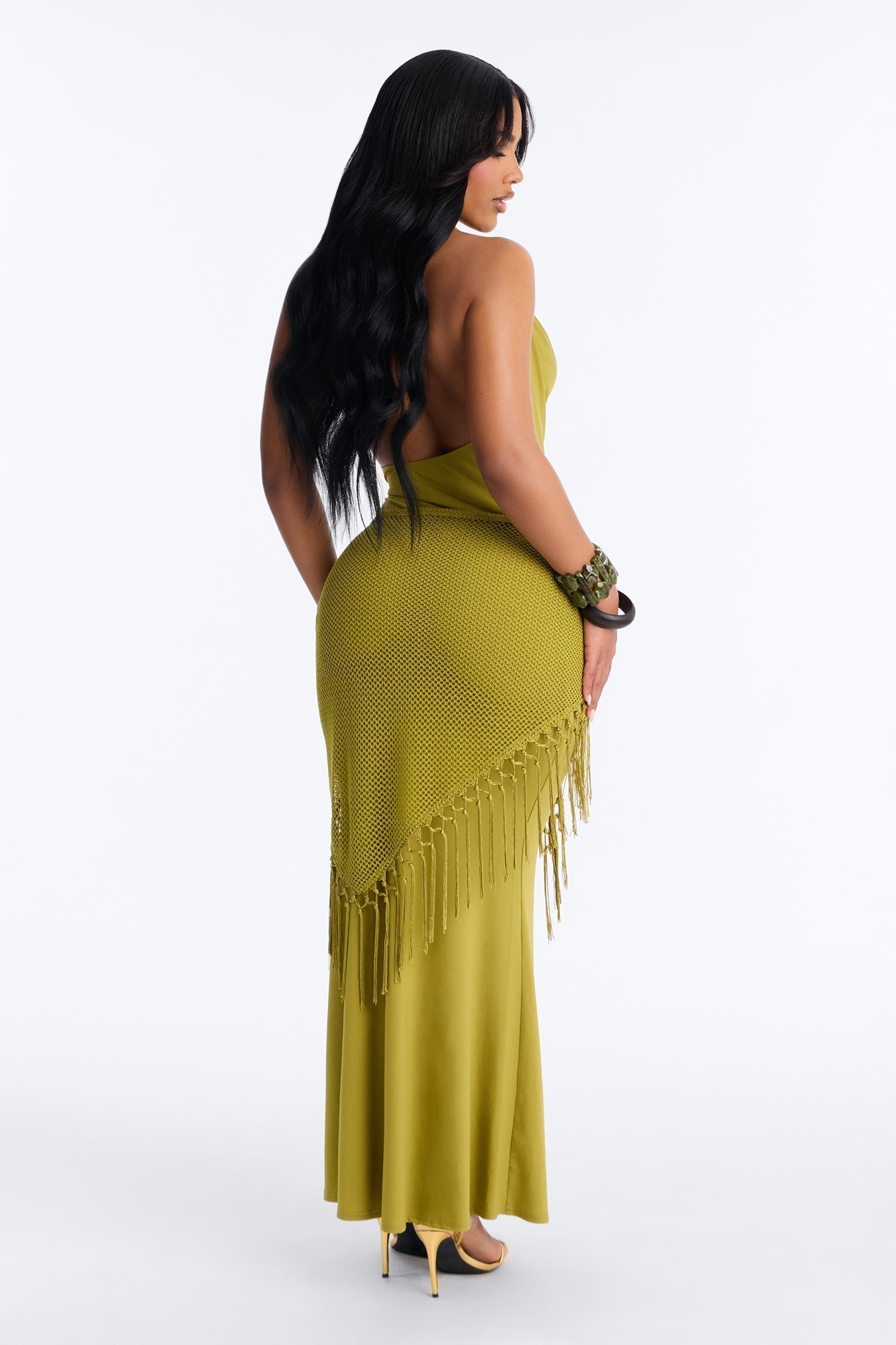 Santorini 2 Piece Fringe Scarf Maxi Dress - Chartreuse