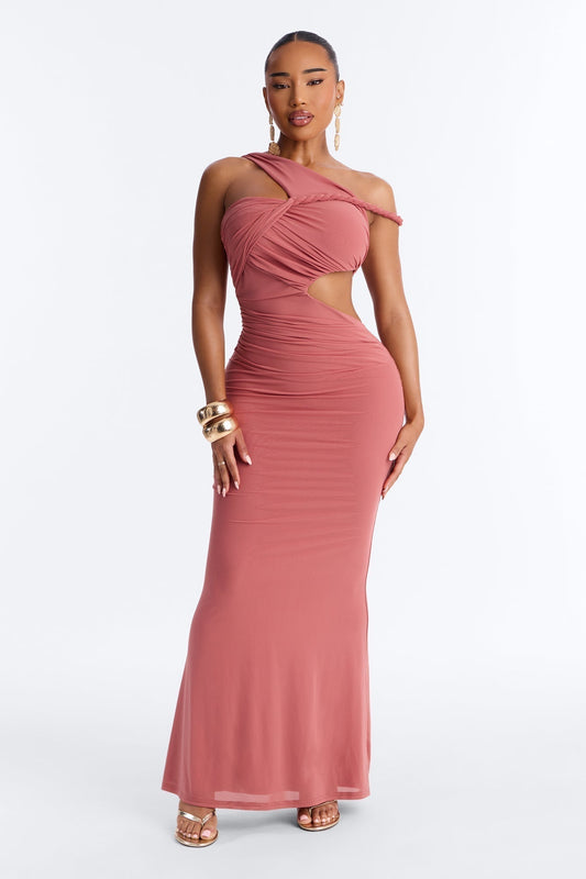 Zanna Ruched Mesh Maxi Dress - Marsala