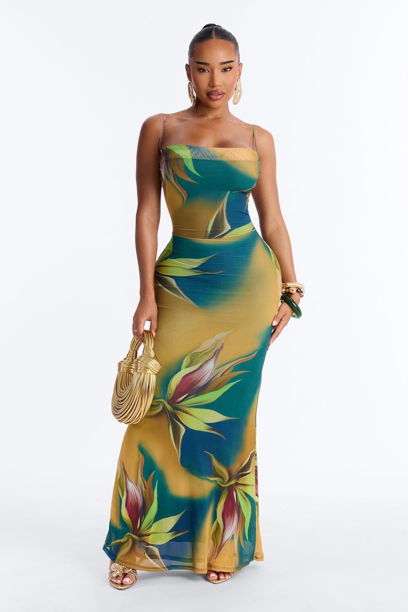 Rio Tropical Mesh Maxi Dress - Teal/combo